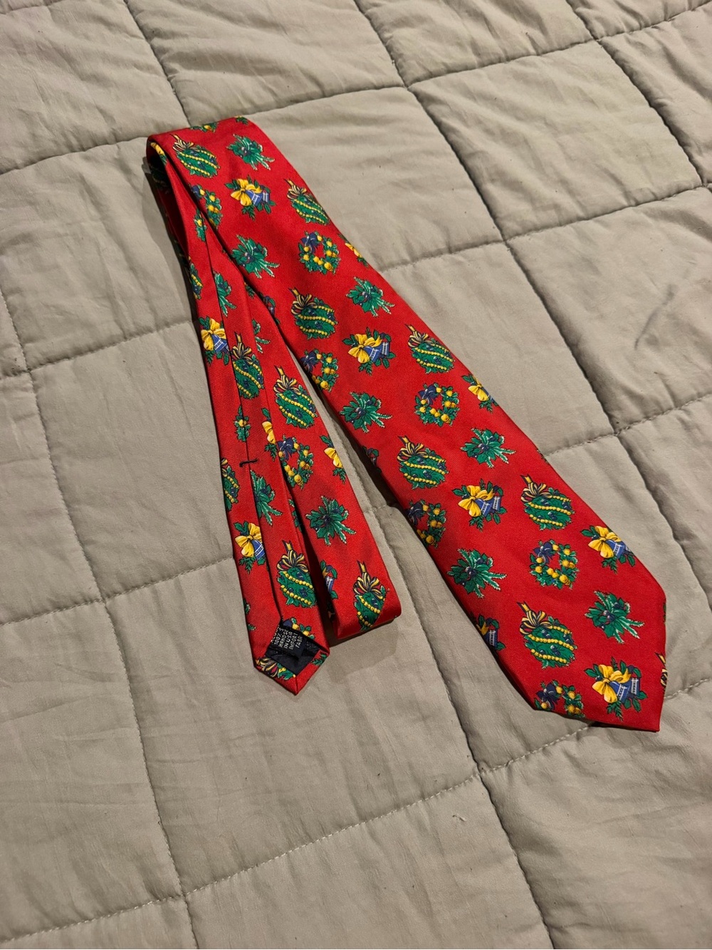 Lands' End Red Silk Tie with Green and Yellow Holiday Motifs